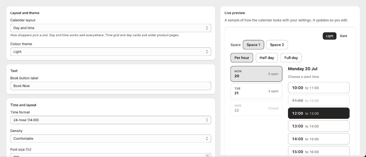 The Appearance page with the live calendar preview beside the settings