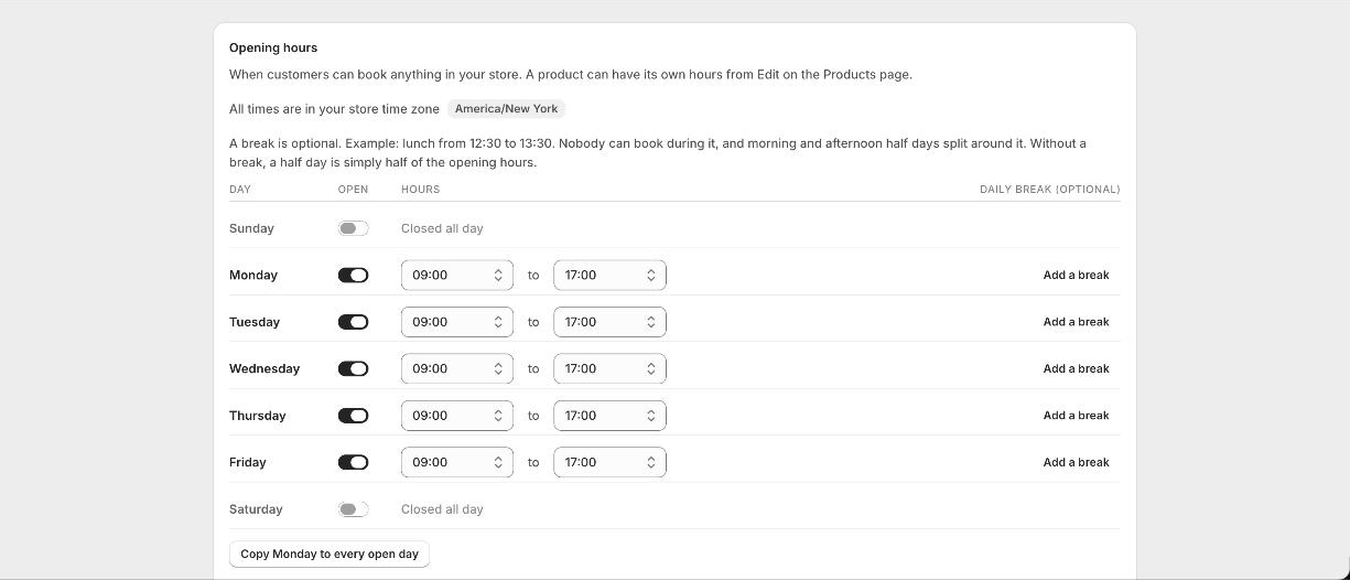 The Availability page with All times are in your store time zone and the zone shown beside it