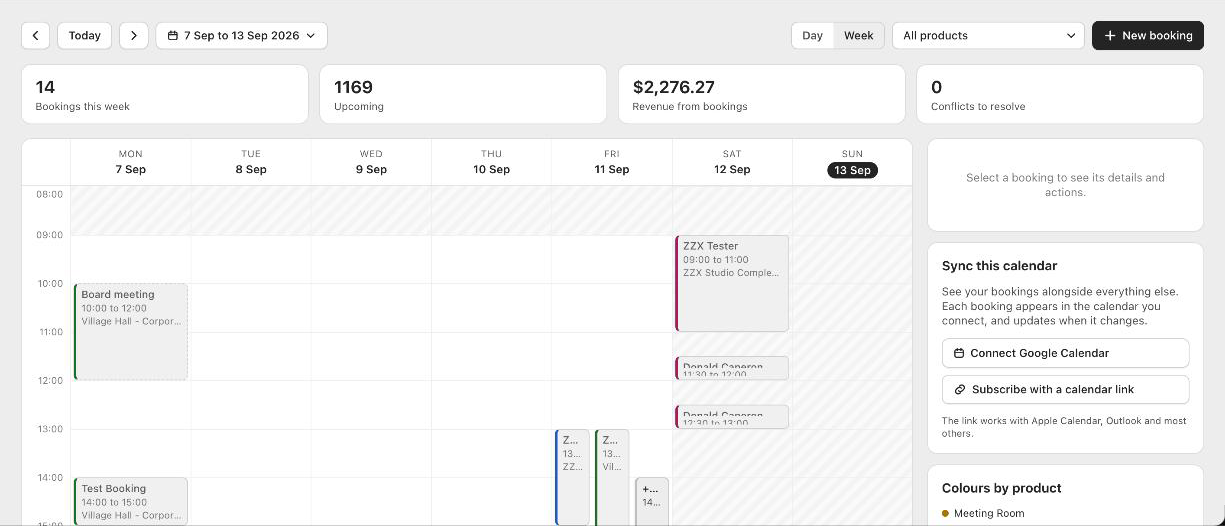 The Booker calendar; selecting a booking opens a panel with a Cancel booking button