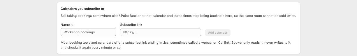 The Calendars you subscribe to card: name it, paste a subscribe link, Add calendar