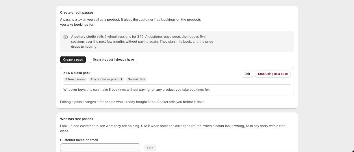 The Passes page: create a pass, an existing five class pack, and a customer lookup