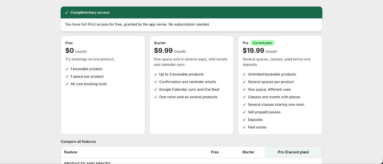 The Plans page with the three plans and a feature comparison