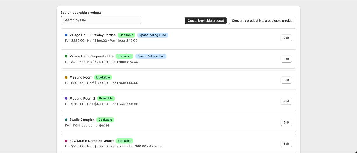 The Products page in Booker with Create bookable product and Convert a product buttons