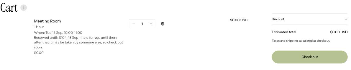 The cart with a booking line, the date and time, and until when it is reserved