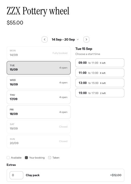 A class product page: each session shows how many places are left
