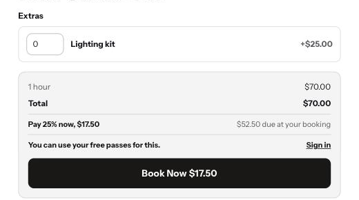 The booking summary showing an extra, Pay 25% now, and the amount due on the day