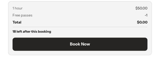 The booking summary with a Free passes line taking the total to nothing and 18 left after this booking