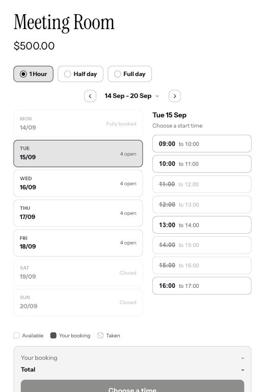 A product page with the booking calendar: rates, a week of days and the times for the chosen day