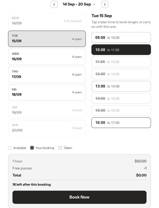 Tuesday 10:00 to 11:00 picked; the summary beneath shows the price and a Book Now button