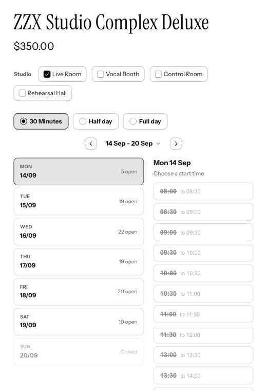 A product page with four named studios to choose from above the calendar