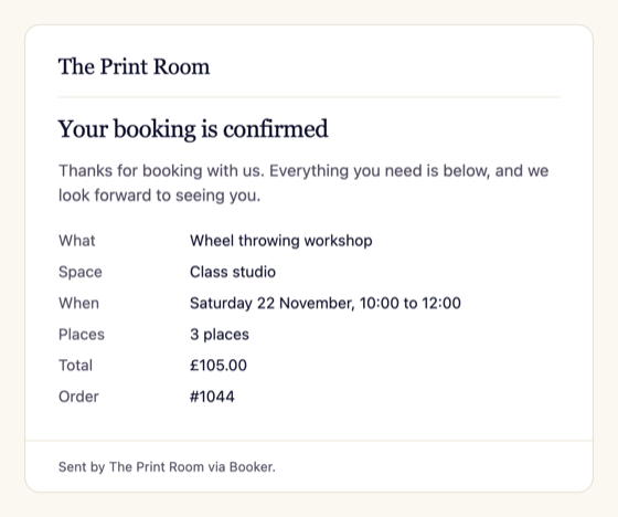 Class booking confirmation email showing the number of places