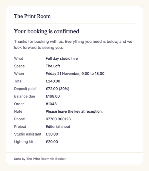 Booking confirmation email with a deposit, extras and questions