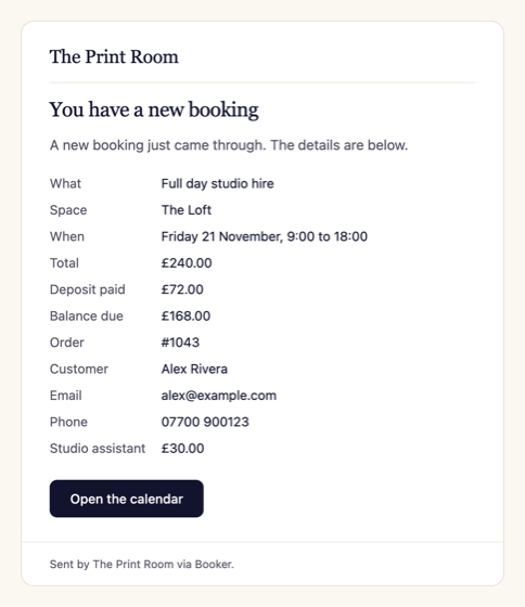 New booking alert email to the merchant