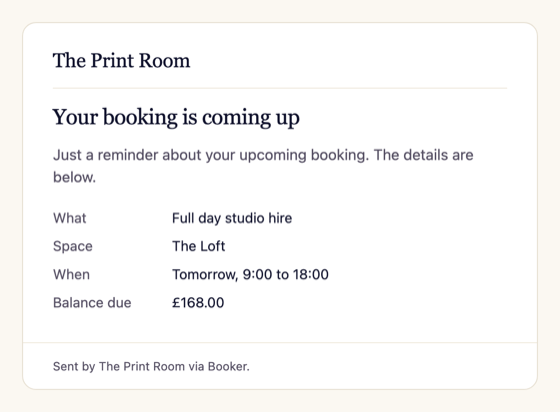 Reminder email before an upcoming booking