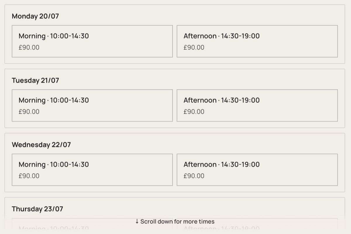 Morning and afternoon half-day slots