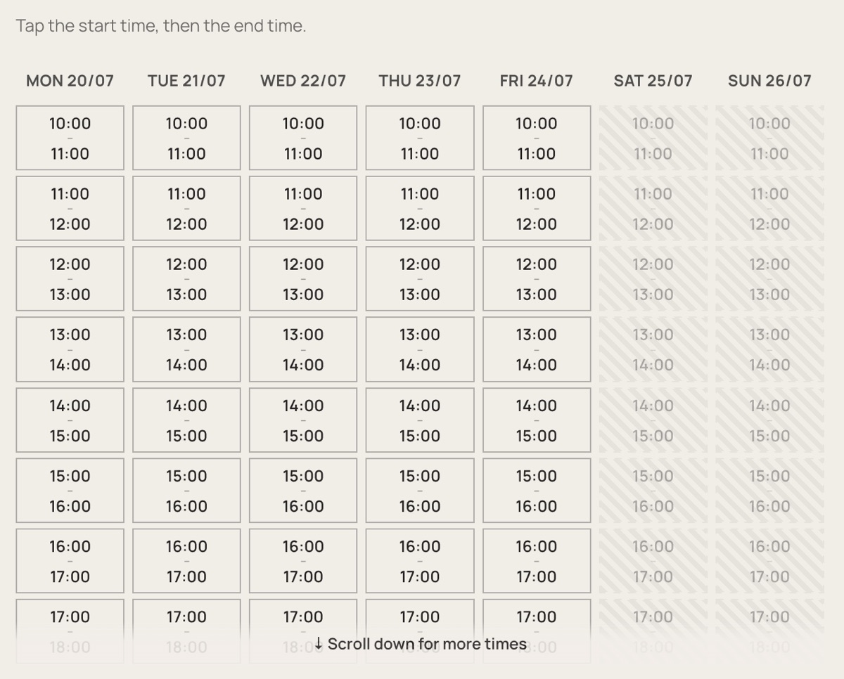 Hourly booking slots across a week